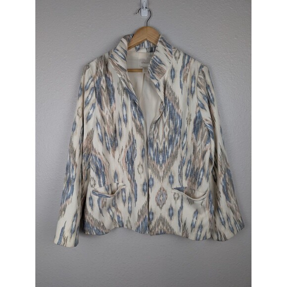 Chicos Jacket Womens 2 Ikat Print Open Front Blazer Lined Pockets Boho Blazer - Picture 1 of 7